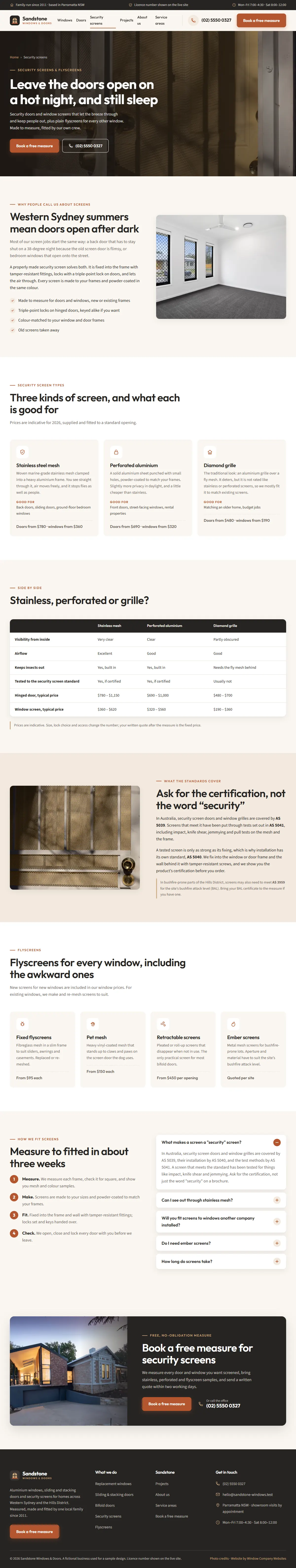 The security screens page of the Sandstone Windows & Doors windows & doors website design
