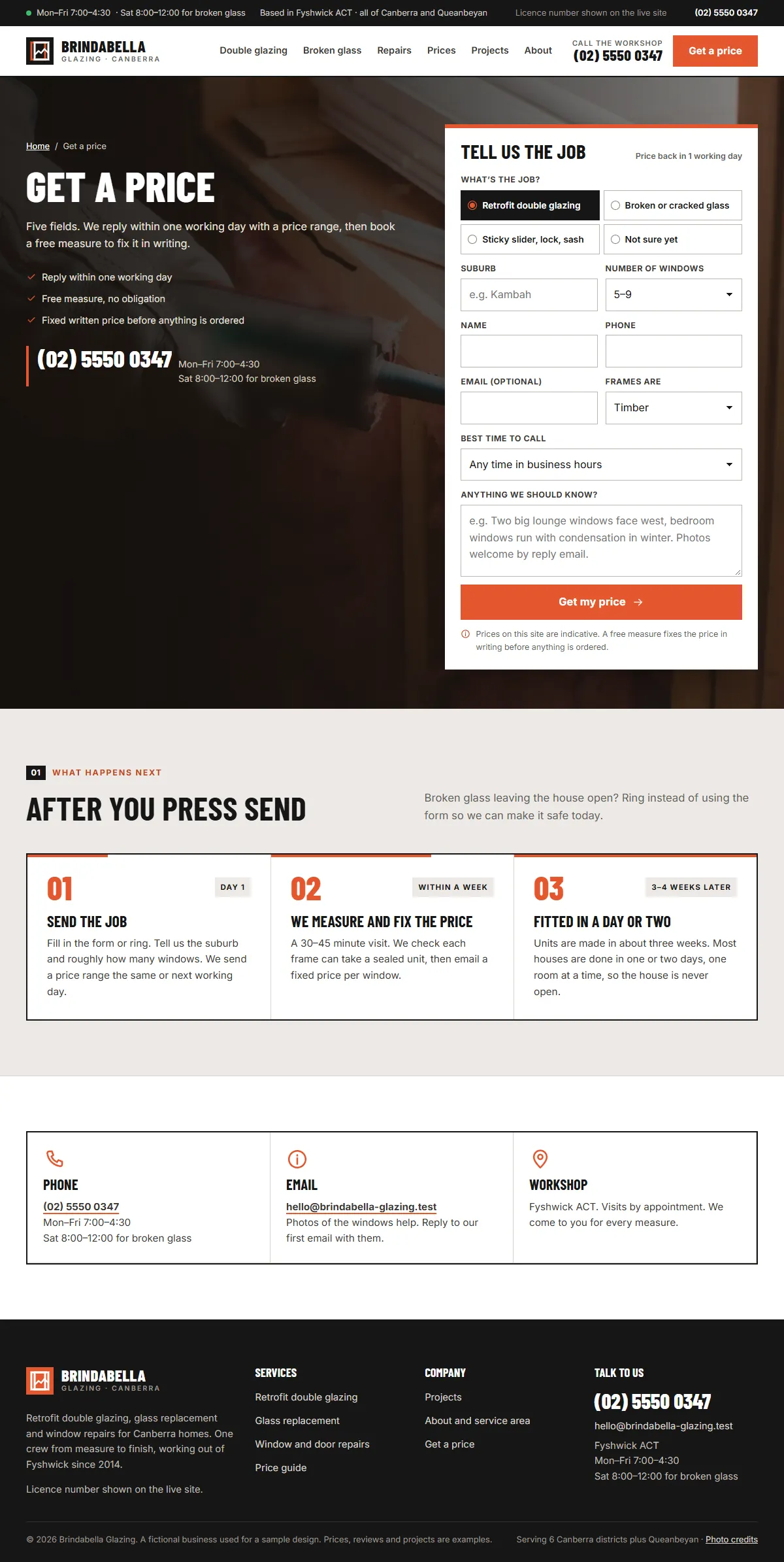 The get a price page of the Brindabella Glazing windows & doors website design