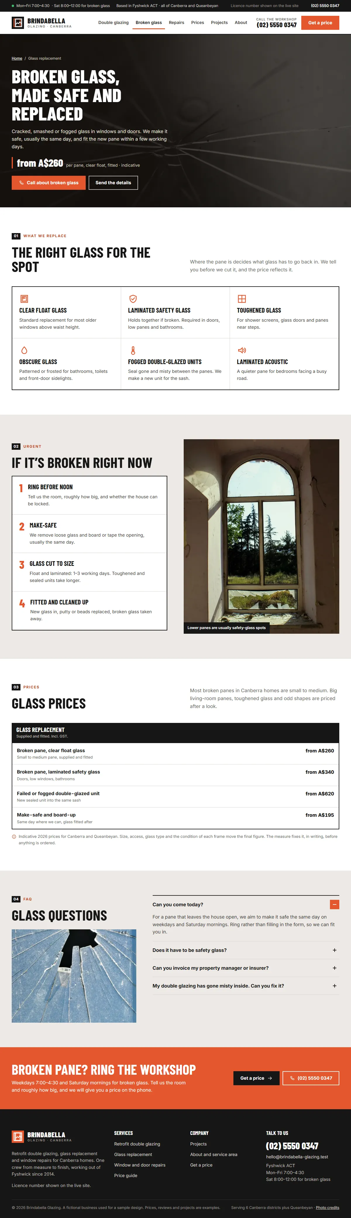 The glass replacement page of the Brindabella Glazing windows & doors website design