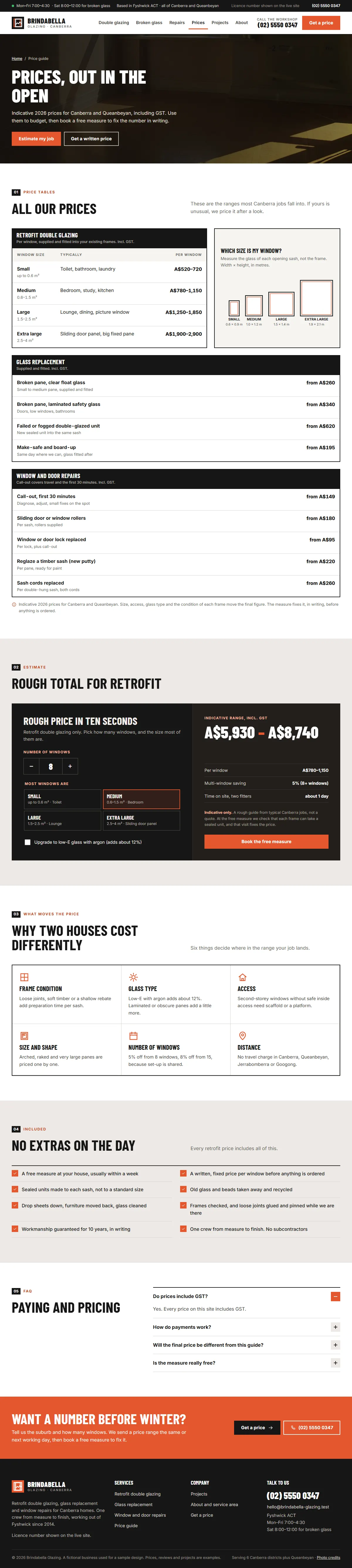 The price guide page of the Brindabella Glazing windows & doors website design