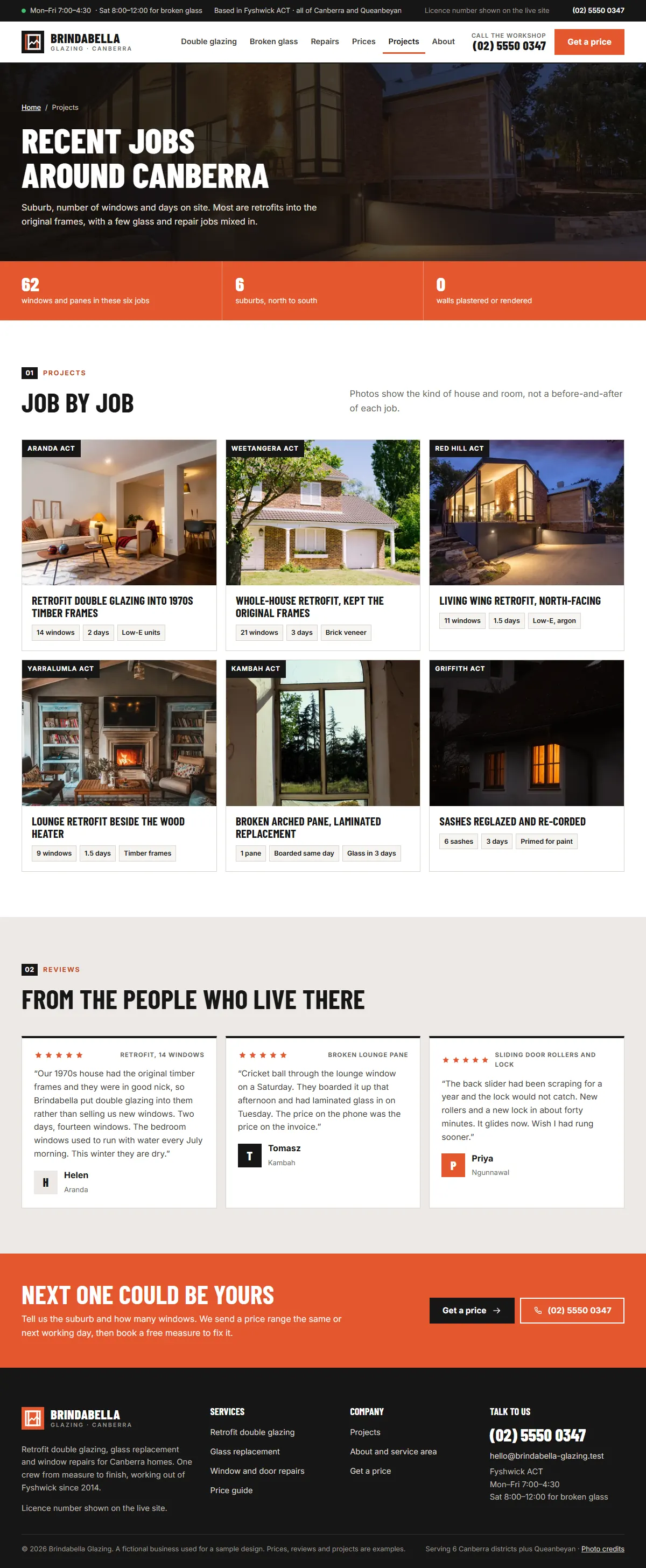 The projects page of the Brindabella Glazing windows & doors website design