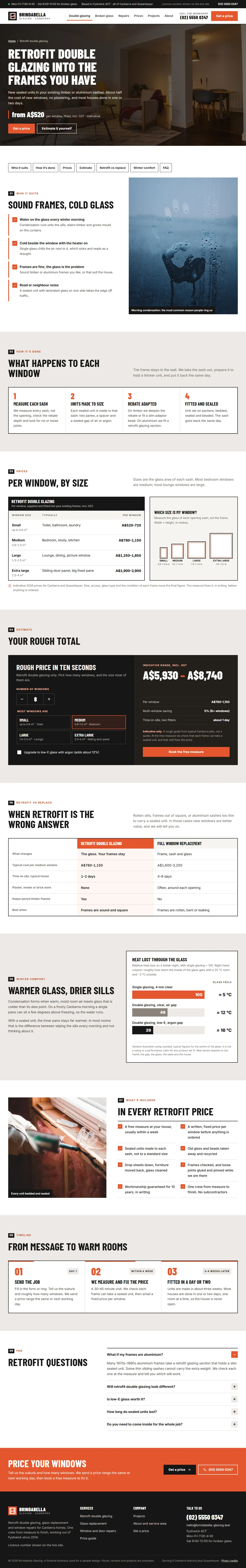 The retrofit double glazing page of the Brindabella Glazing windows & doors website design