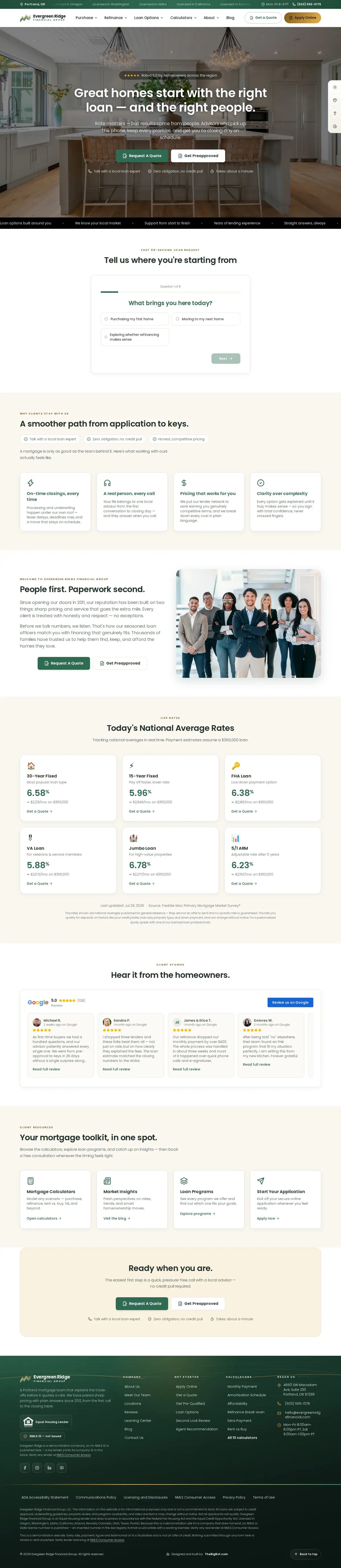 The home page of the Evergreen Ridge Financial Group — August 2026 mortgage website design